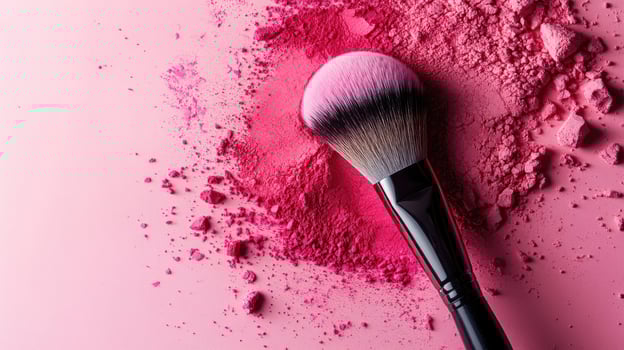 Luxurious makeup brush rests amongst vibrant pink blush powder on a solid pink surface photo