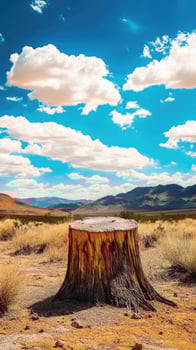 Weathered tree trunk stands firmly in the vast desert landscape under the cloudy blue sky photo