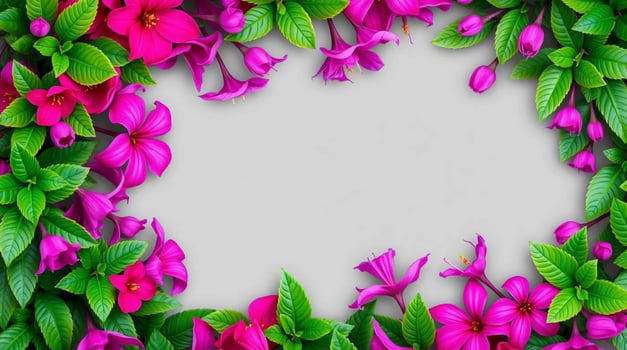 A frame made of pink flowers and green leaves photo
