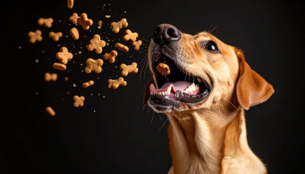 Joyful dog catches treats in mid air, showcasing excitement and playfulness. image captures dog expressive face and flying treats, creating lively atmosphere photo