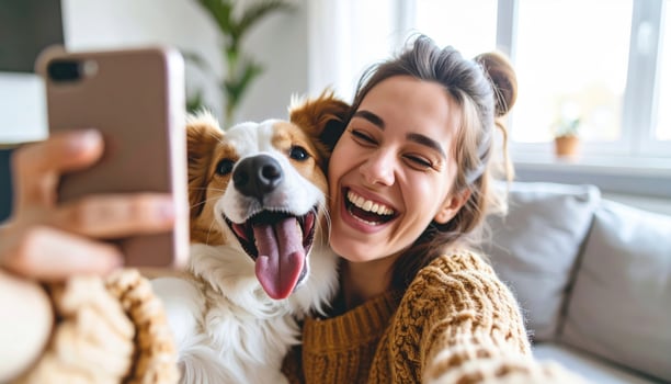Happy woman taking selfie with dog, smiling joyfully in cozy indoor setting, wearing knitted sweater, bright natural light, pet companionship, joyful moment photo