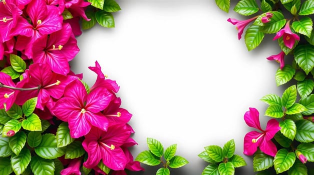 Pink flowers and green leaves are arranged around a white frame photo