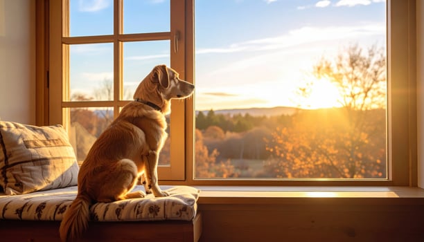 Dog sits by window, gazing at beautiful sunset. warm light illuminates room, creating serene atmosphere. scene captures moment of tranquility and reflection photo