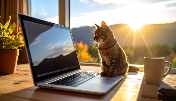 Cat sits on wooden table next to laptop, gazing out at beautiful sunset through window. warm light creates cozy atmosphere, enhancing serene moment photo
