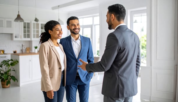 Professional individuals engage in friendly conversation in modern office space, showcasing collaboration and teamwork. atmosphere is positive and inviting, reflecting productive environment photo
