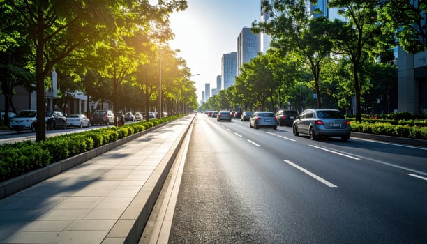 Vibrant city street lined with lush trees and modern buildings, bathed in warm sunlight. Cars travel along smooth road, creating lively urban atmosphere photo