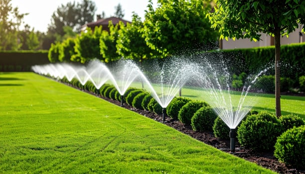 Lush green lawn with neatly trimmed bushes, showcasing modern irrigation system spraying water in rhythmic pattern. scene evokes sense of tranquility and care for nature photo