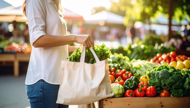 Woman holding a grocery bag with fresh vegetables photo