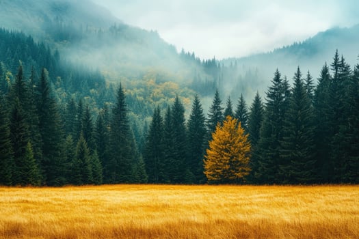 Golden field stretches before a dark forest beneath misty mountains in the landscape photo