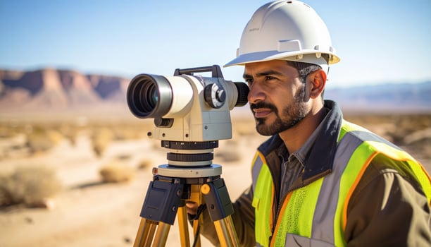 Surveyor uses total station to measure land in desert landscape, wearing hard hat and safety vest. scene captures focus and precision required in surveying work photo