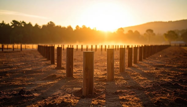Sunrise illuminates field with wooden posts emerging from sandy soil, casting long shadows. warm glow creates serene atmosphere, highlighting beauty of nature and promise of new beginnings photo