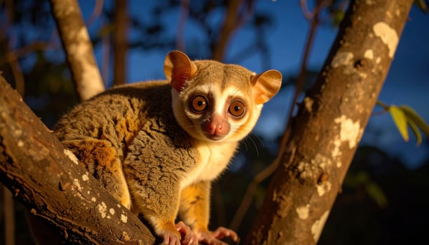 Cute, nocturnal marsupial perched on tree branch, showcasing large, expressive eyes and soft, textured fur coat. background features twilight sky, enhancing animal charm and curiosity photo
