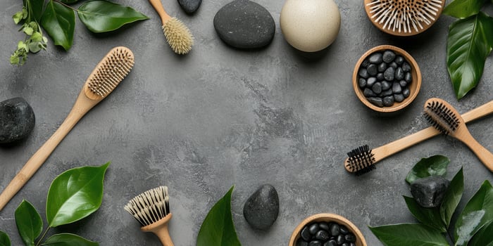 Grey textured background features wooden brushes, smooth black stones, greenery, and bowls of black pebbles photo