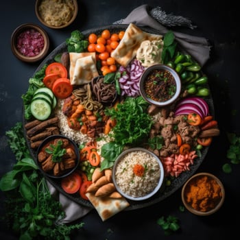 Elegant flat lay showcases a lavish vegetarian spread on a dark surface, enhancing the appeal photo
