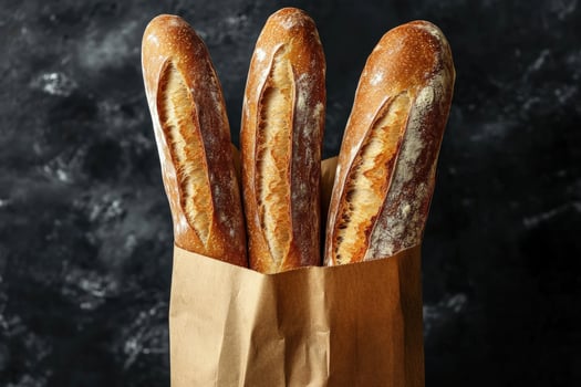 Three golden brown baguettes sit neatly inside a kraft paper bag against a dark background photo