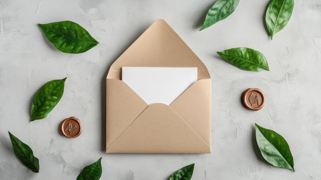 Open beige envelope showcases a blank white card with green leaves around it photo