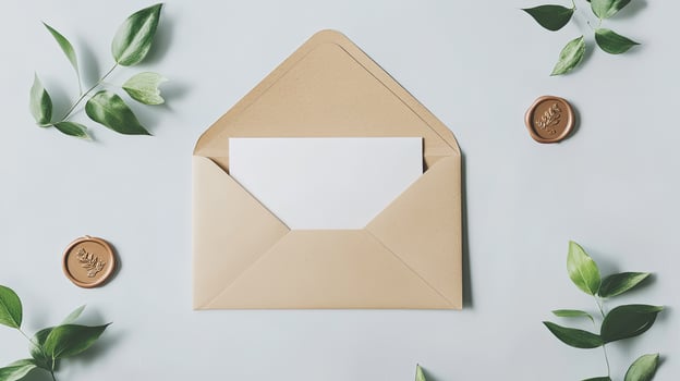 Blank white card rests inside an open tan envelope surrounded by green foliage and wax seals photo