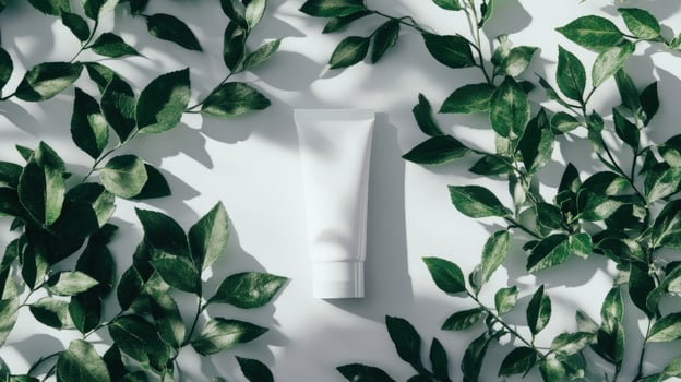 Top view shows a cream tube amid lush green leaves on a white surface photo