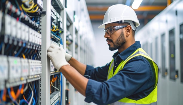 Skilled electrician in safety gear carefully works on complex electrical panel, ensuring precision and safety in professional environment. focus and dedication are evident photo