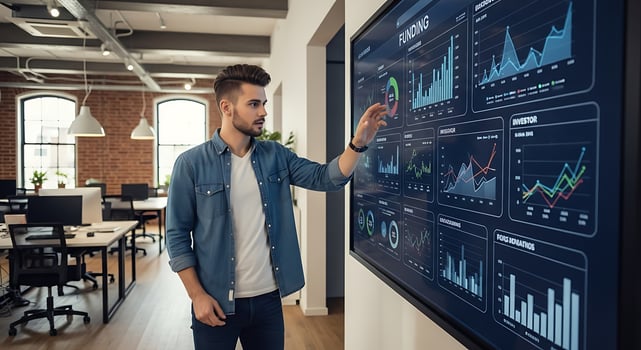 Modern Businessman Interacting with Interactive Data Dashboard photo