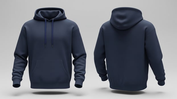 Front and Back View of a Plain Navy Blue Hoodie with Drawstrings photo