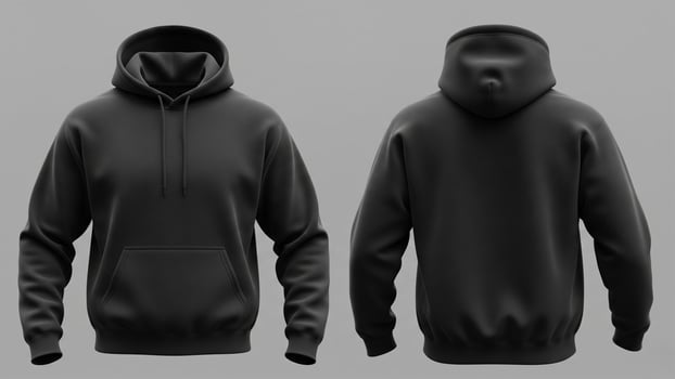 Front and Back View of Black Hoodie Mockup, Isolated on Gray Background photo