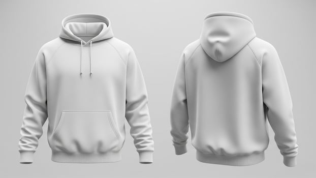 Photorealistic White Hoodie Mockup with Raglan Sleeves, Front and Back Views on a Neutral Gray Background. photo