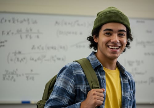 Radiant Smile of a Young Scholar in a Classroom with Complex Formulas photo