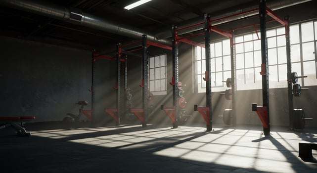 Sunbeams Illuminate Squat Racks in a Moody, Industrial Gym Interior photo