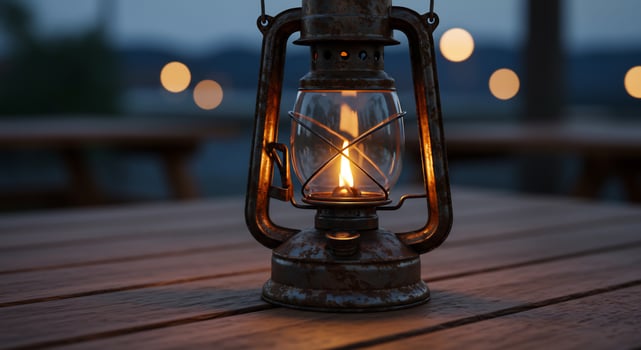 Weathered Lantern's Solitary Glow on a Wooden Deck at Twilight photo
