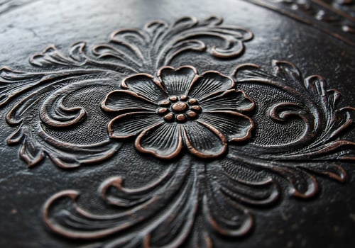 A close up of a decorative flower on a black leather surface photo