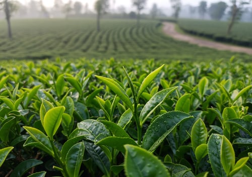 Morning Dew on Vibrant Tea Leaves in a Hazy Hillside Plantation photo