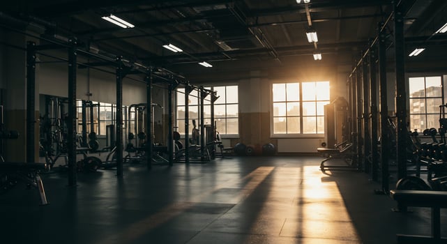 Industrial Gym Bathed in Golden Sunset Light and Long Shadows photo
