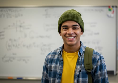 Engaging Portrait of a Happy Student in a Green Beanie Before a Whiteboard photo