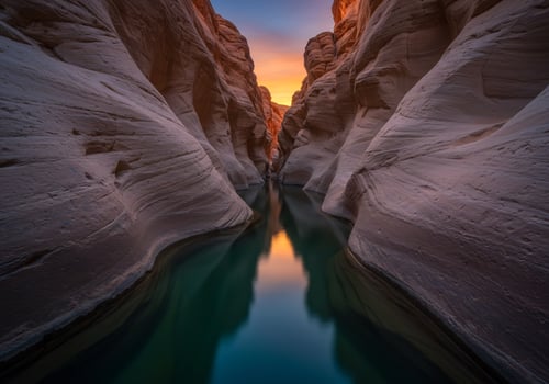 A Serene River Reflects a Golden Sunset Within a Sculpted Sandstone Canyon photo