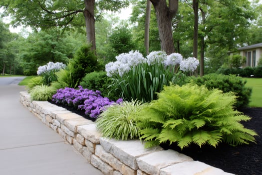 Suburban front yard landscaping with retaining wall, ferns, and flowers photo