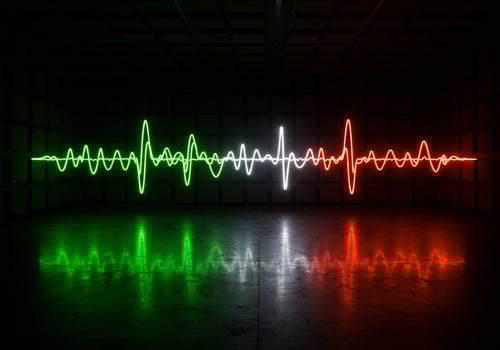 Vibrant Neon Waveforms Reflecting on Dark Floor, Italian Colors photo