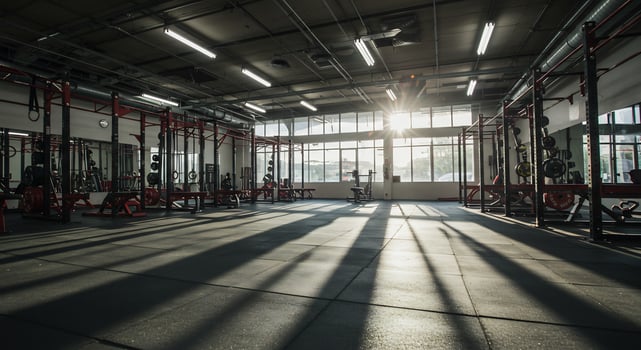 Sun Flare and Long Shadows in a Quiet, Empty Industrial Gym photo