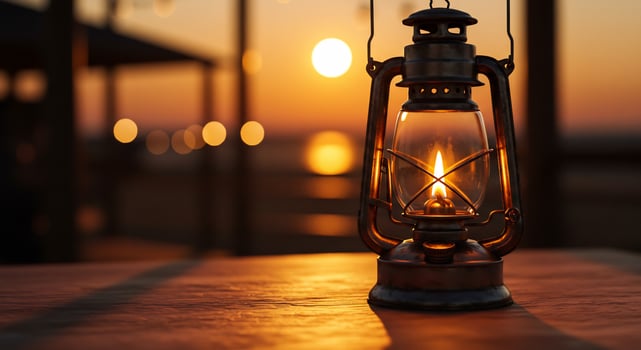 A lantern is lit on a table at sunset photo
