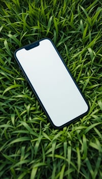 Modern smartphone lying on fresh grass, blank screen, outdoor greenery, minimal tech lifestyle shot. photo