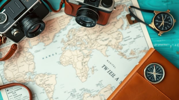 Exploring world with vintage cameras, map, and travel accessories evokes sense of adventure and nostalgia photo