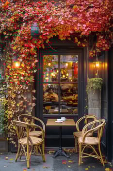 Charming Cafe Patio With Autumn Leaves in the Heart of the City During Early Morning Hours photo