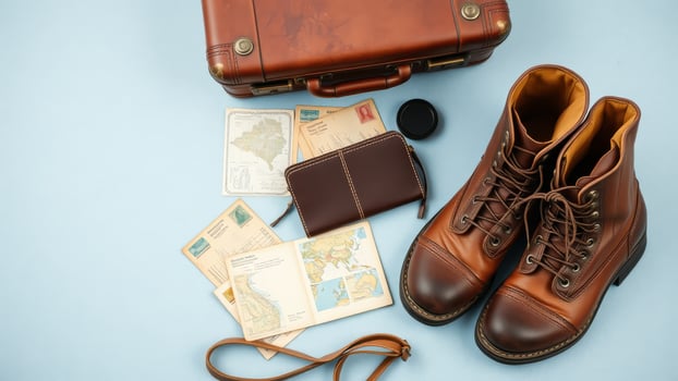 Travel essentials including vintage suitcase, brown boots, and maps evoke sense of adventure and exploration. Perfect for wanderlust enthusiasts photo