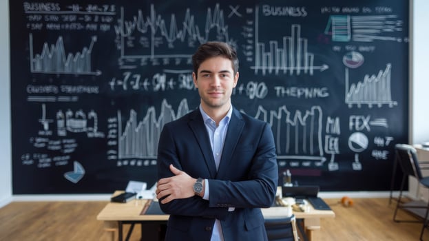 Young entrepreneur standing confidently in front of business strategy board, showcasing graphs and data analysis. atmosphere is professional and inspiring photo