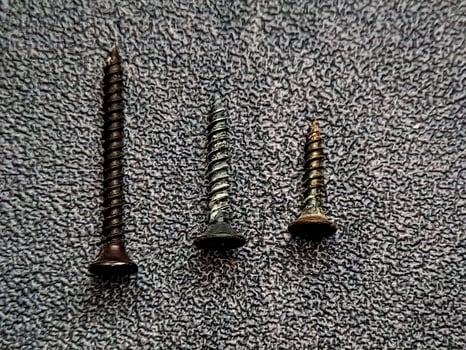 Three screws of varying sizes and colors are displayed on a textured gray surface, showcasing the tools used in construction and repair projects in industrial contexts. photo