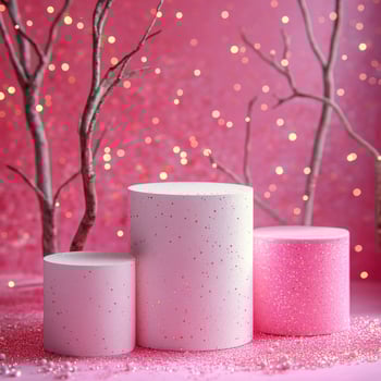 Elegant arrangement of pink pedestals enhances vibrant celebration atmosphere, creating ideal backdrop for showcasing products or decorations, perfect for special occasions and creative displays photo