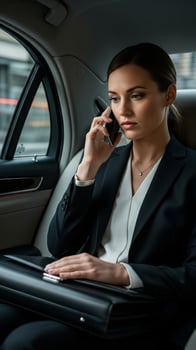 Serious Businesswoman in a Black Suit Making a Crucial Call in a Luxury Car Backseat photo