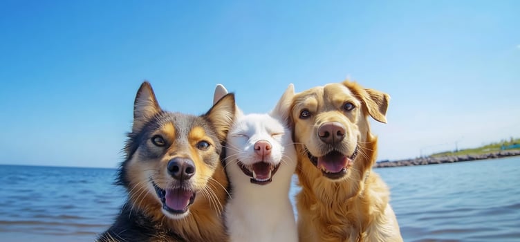 Dog friends enjoying sunny day at beach togetherness portrait photo