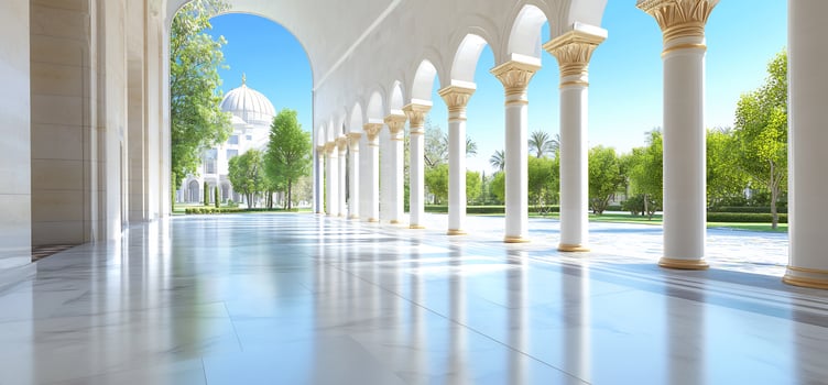 Elegant architecture featuring white columns and blue sky reflection photo