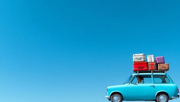 Vintage car with stacked luggage against blue sky for travel and adventure photo